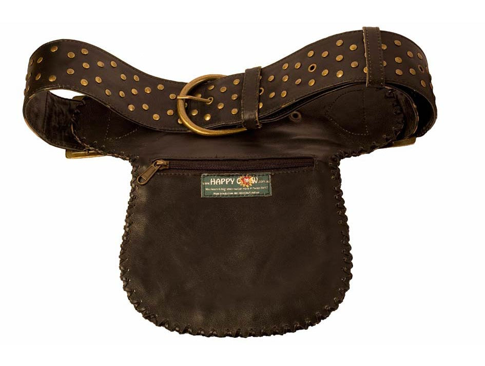 Brown leather pouch with studded belt on a white background