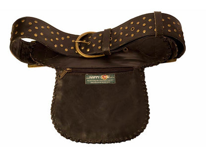 Brown leather pouch with studded belt on a white background